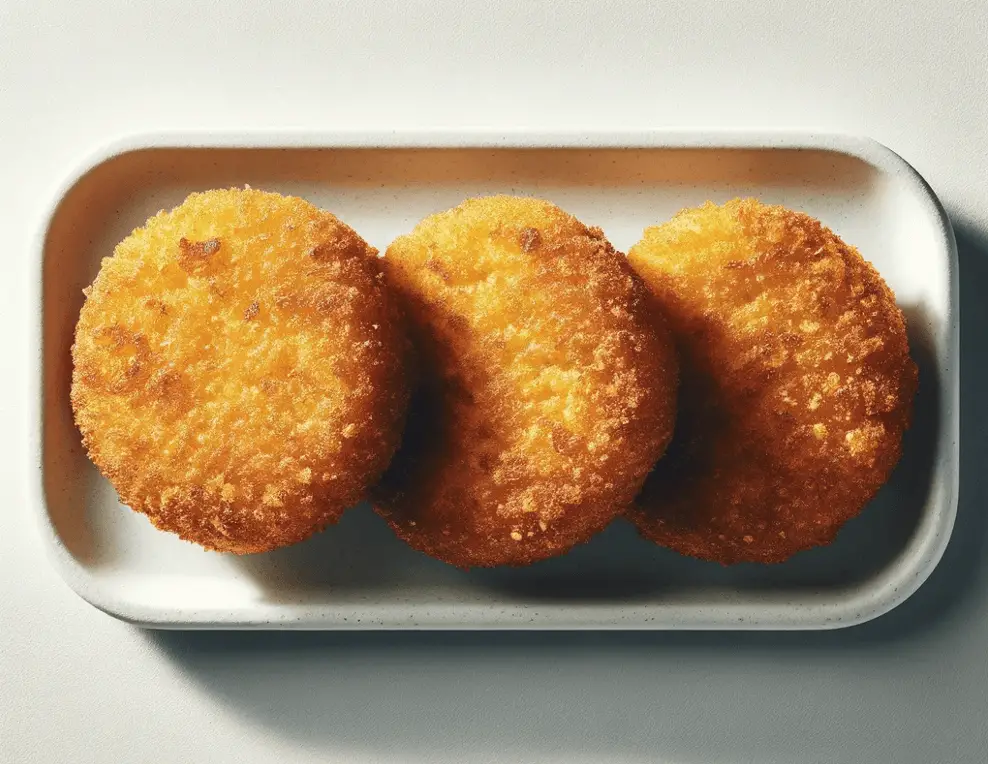 Three crispy fried grit cakes with a golden-brown crust, served on an off-white rectangular plate.
