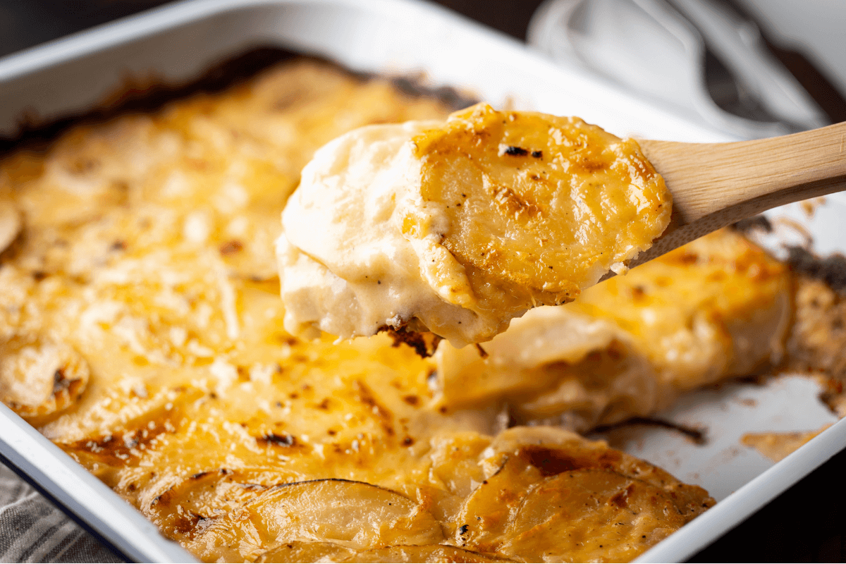 Southwest au gratin potatoes in a dish, cheesy and golden-brown, fresh from the oven.