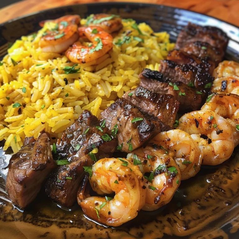 Jerk Steak and Shrimp over Yellow Rice