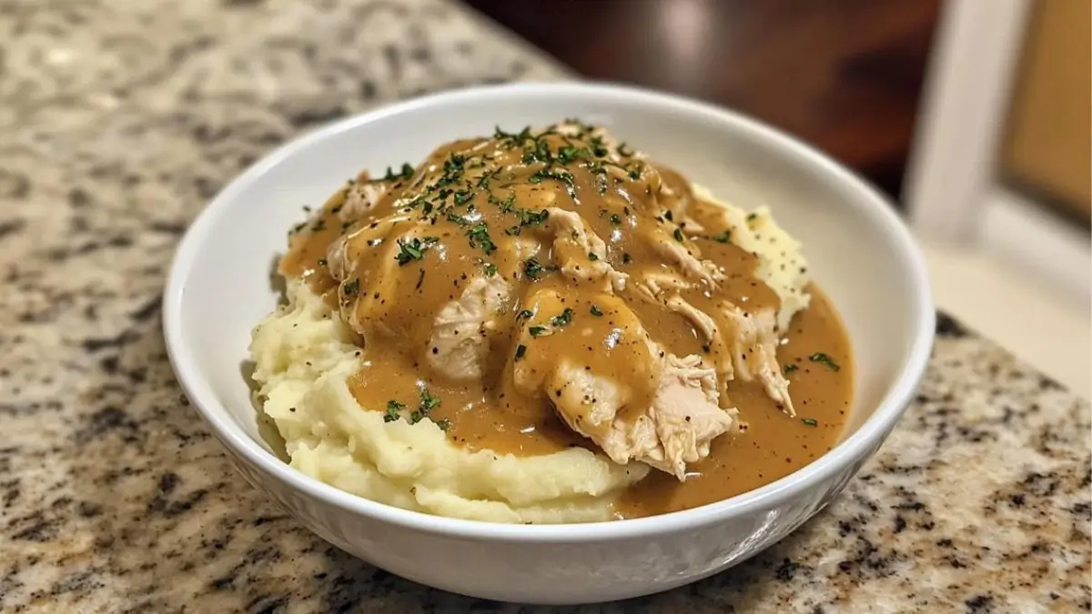 Shredded Chicken Gravy on Mashed Potatoes