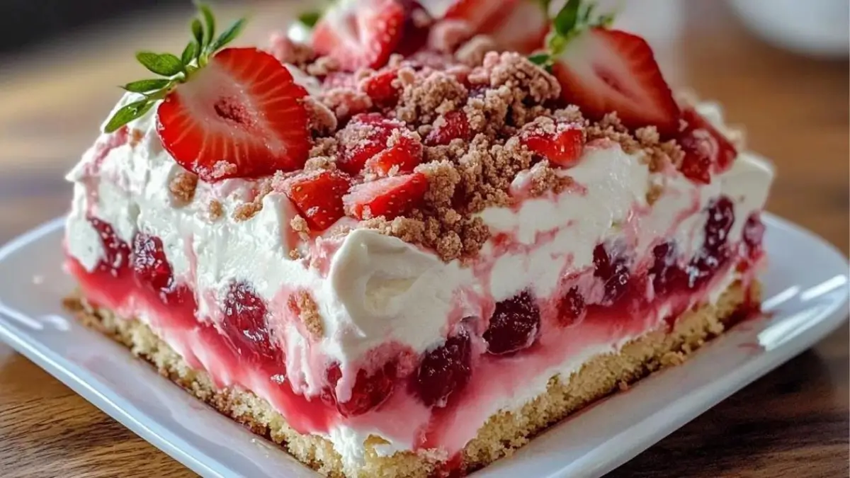 Strawberry Crunch Poke Cake