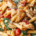 Creamy Chicken and Bacon Pasta with Spinach and Tomatoes