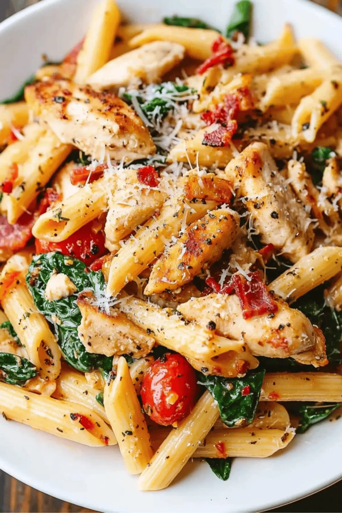 Creamy Chicken and Bacon Pasta with Spinach and Tomatoes