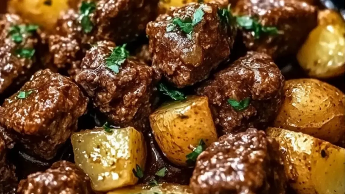 Slow Cooker Garlic Butter Beef Bites and Potatoes