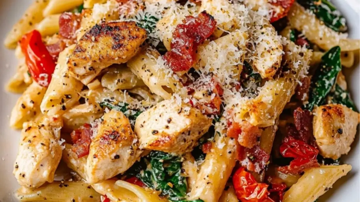 Creamy Chicken and Bacon Pasta with Spinach and Tomatoes