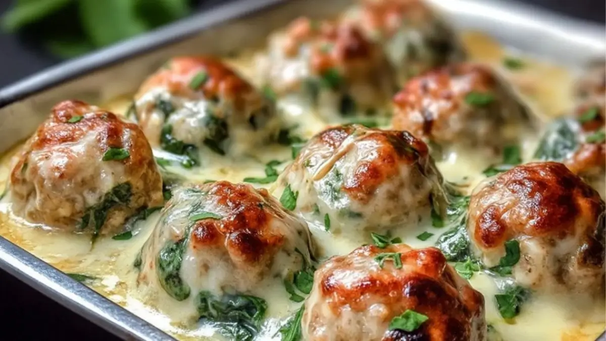 Southern Baked Chicken Ricotta Meatballs with Spinach Alfredo Sauce