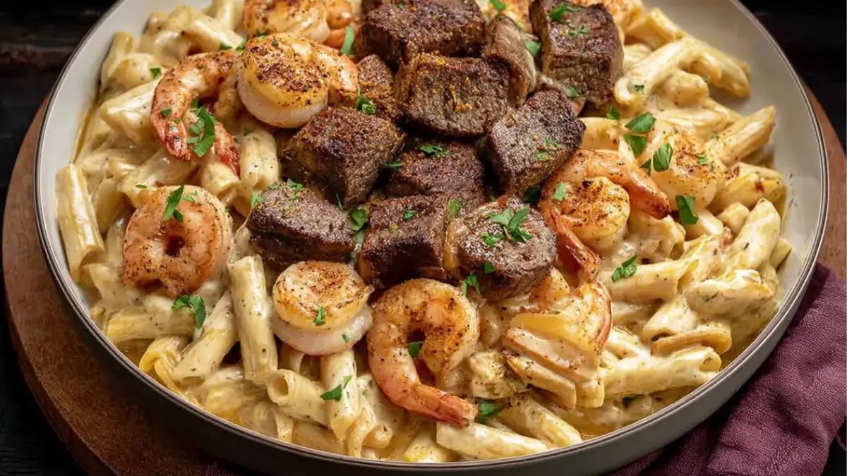 Blackened Steak and Shrimp Alfredo