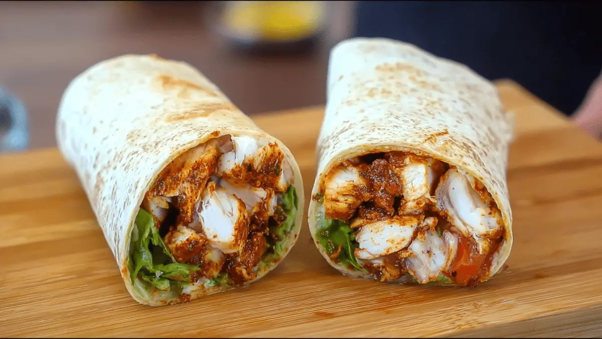 Blackened chicken wrap cut in half on a wooden board showing spicy grilled chicken and fresh lettuce inside a flour tortilla