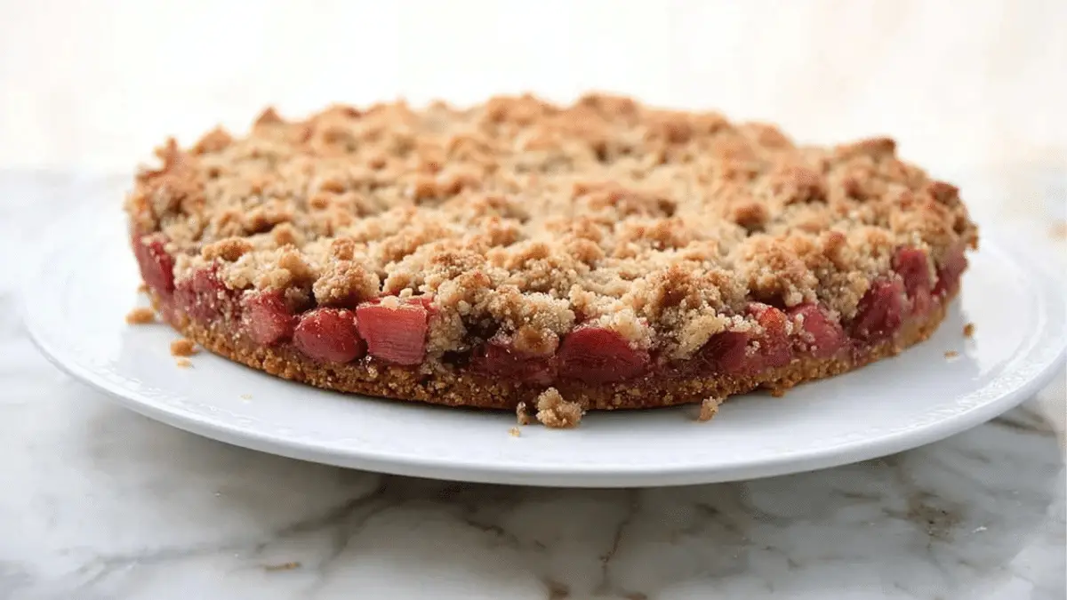 Keto Rhubarb Crumble Tart with almond flour crust and crumble topping