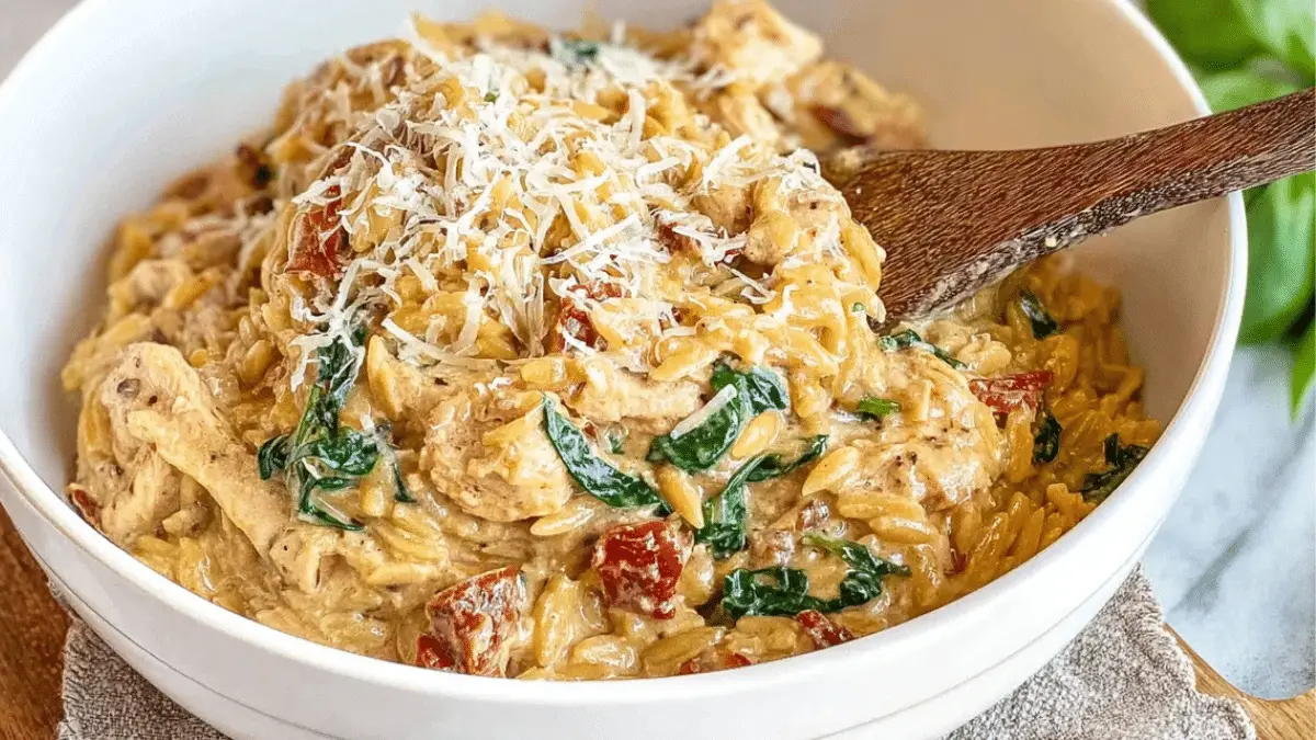 Slow Cooker Creamy Tuscan Chicken Orzo