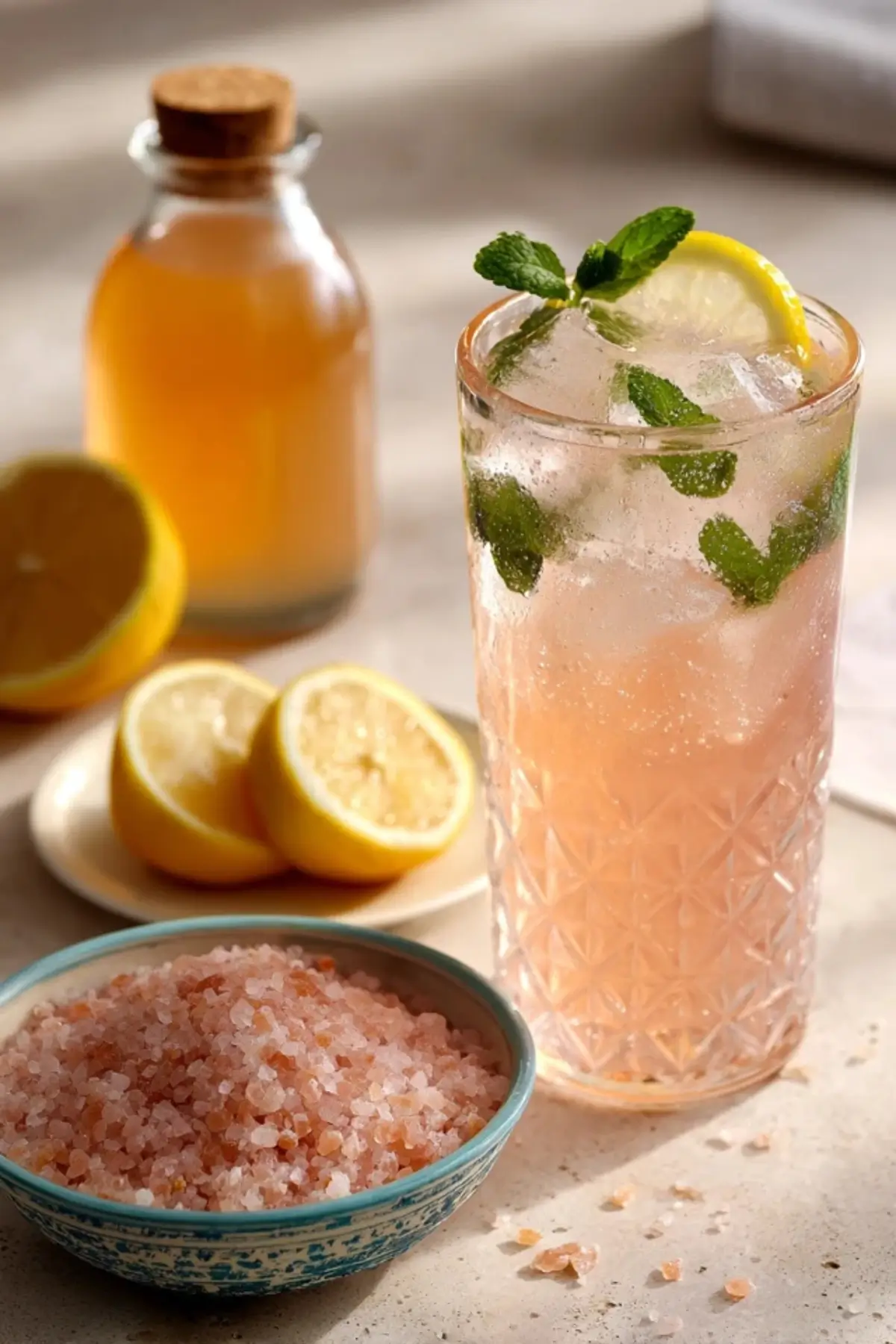 Close-up of the Pink Salt Trick Recipe served in a chilled glass with mint and lemon, placed beside lemon slices and apple cider vinegar.