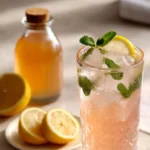 Close-up of the Pink Salt Trick Recipe served in a chilled glass with mint and lemon, placed beside lemon slices and apple cider vinegar.