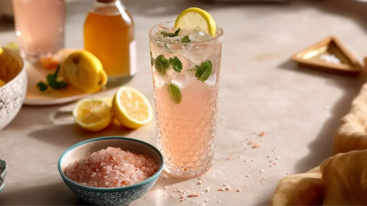The Pink Salt Trick Recipe shown in a tall glass with lemon and mint, next to Himalayan salt crystals and fresh lemon slices on a kitchen counter.
