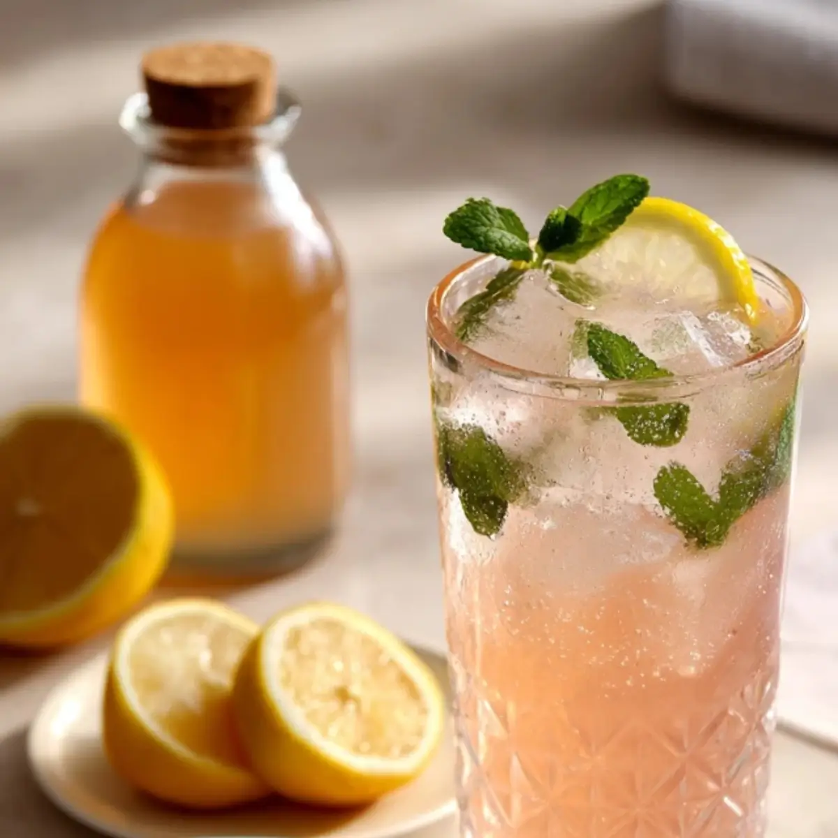 Pink Salt Trick Recipe Close-up of the Pink Salt Trick Recipe served in a chilled glass with mint and lemon, placed beside lemon slices and apple cider vinegar.