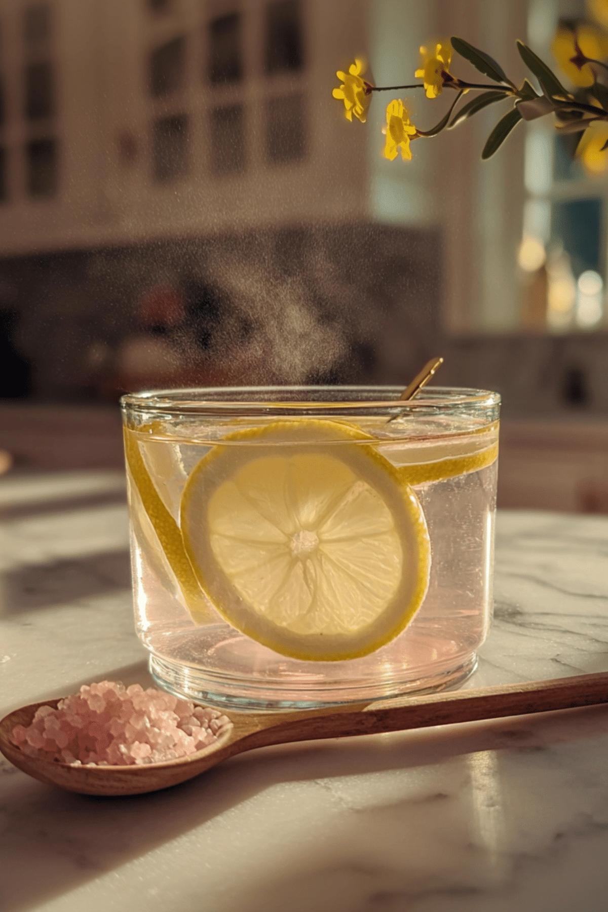 Detox drink with Himalayan pink salt, lemon, and apple cider vinegar on a kitchen counter