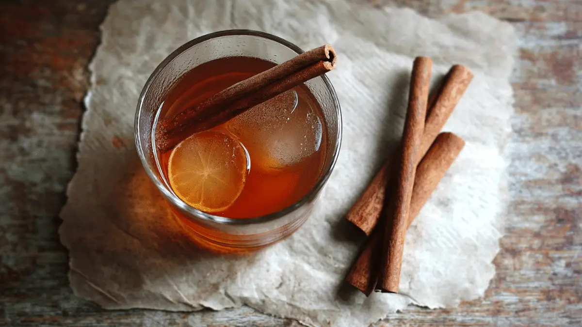 Cinnamon lime water in a glass with ice cubes and cinnamon sticks