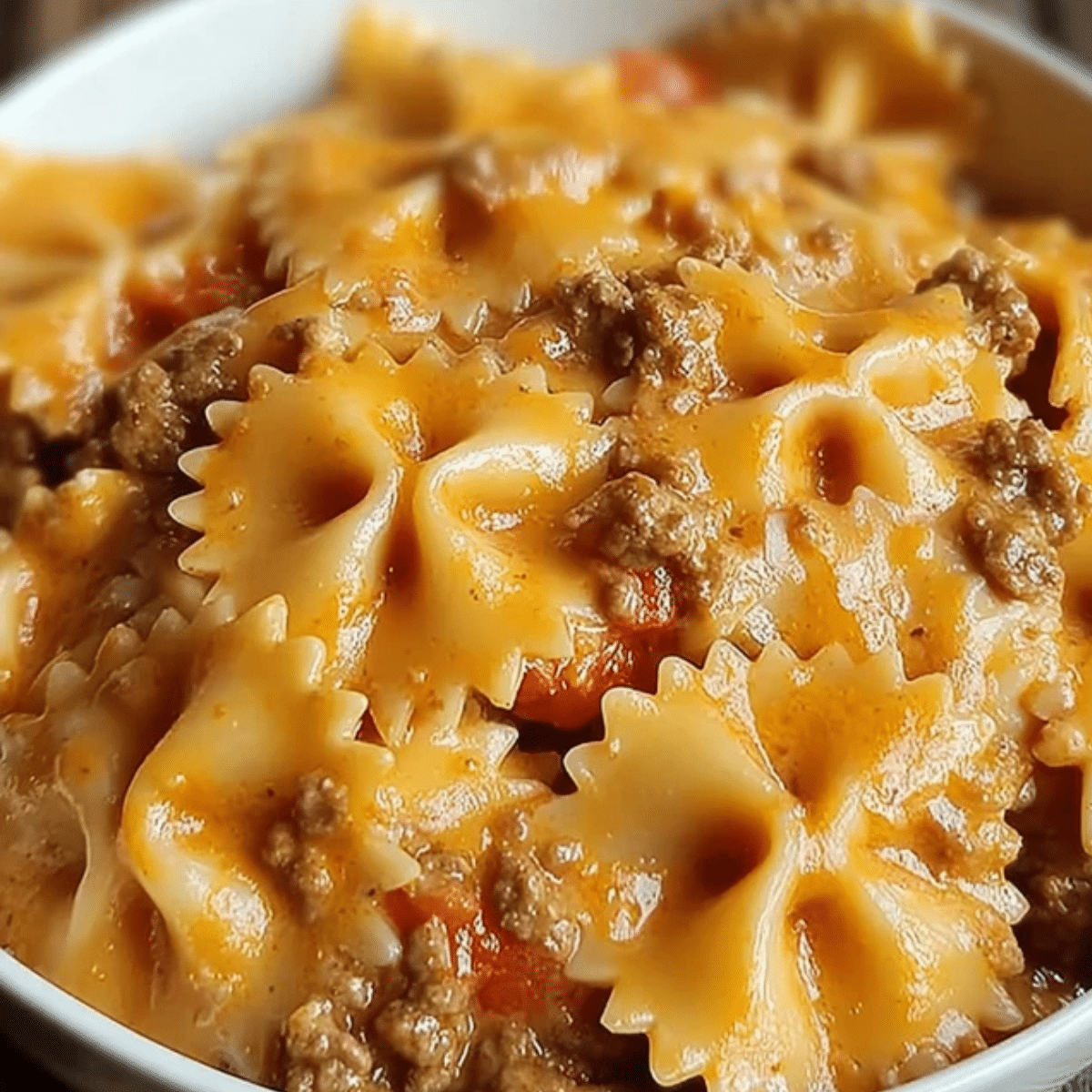 creamy velveeta beef and bowtie pasta