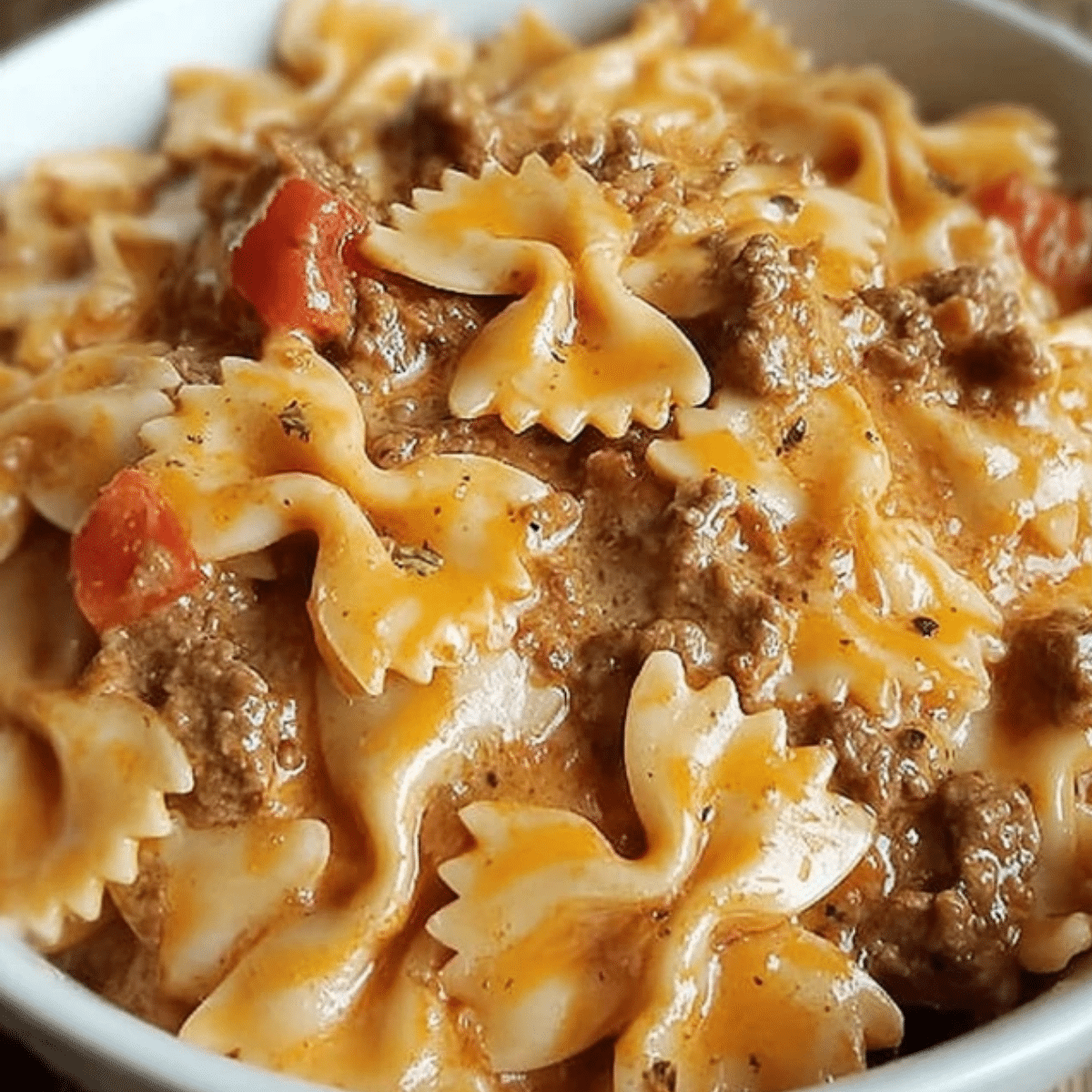 creamy velveeta beef and bowtie pasta