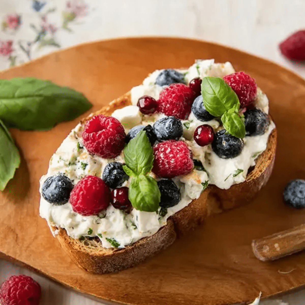 Berries and Basil Cream Cheese Toast