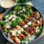 Grilled Chicken and Broccoli Bowls with Creamy Garlic Sauce