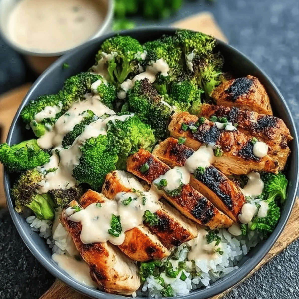 Grilled Chicken and Broccoli Bowls with Creamy Garlic Sauce