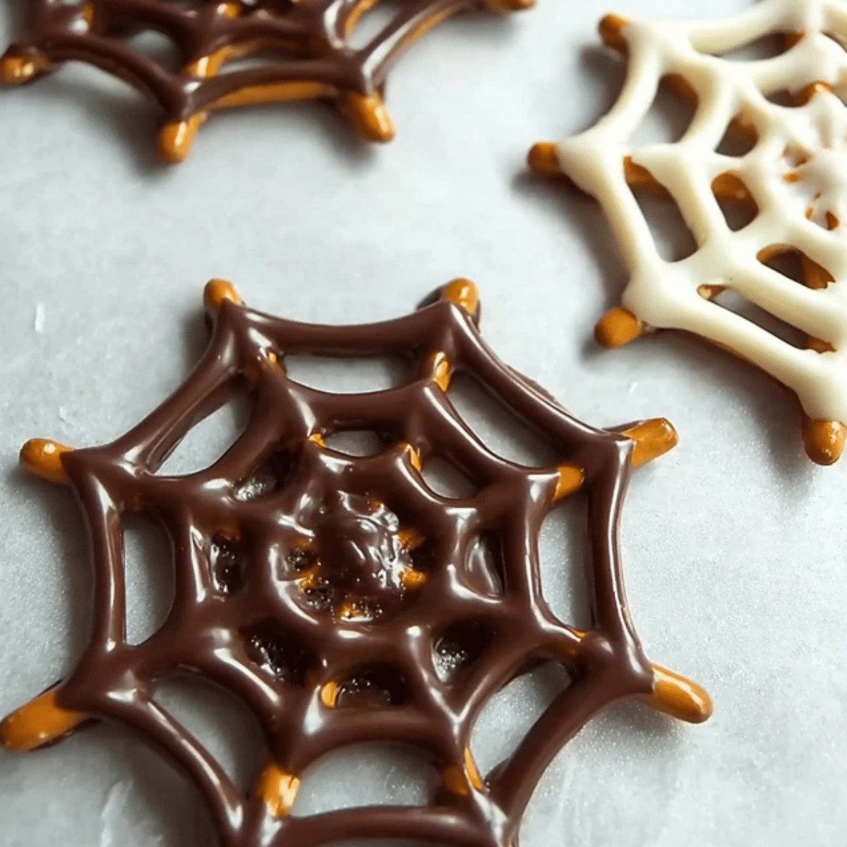 Halloween Chocolate Pretzel Spider Webs