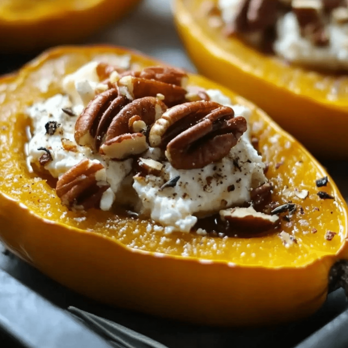 Maple Pecan Goat Cheese Roasted Acorn Squash