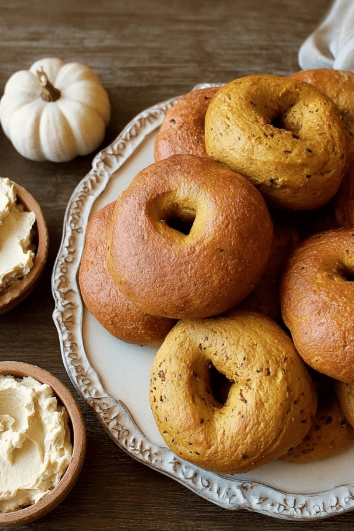 Pumpkin Sourdough Bagels with Pumpkin Spice Cream Cheese