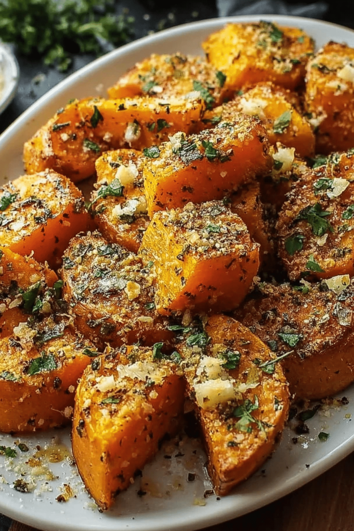 Roasted Sweet Potatoes with Garlic and Parmesan