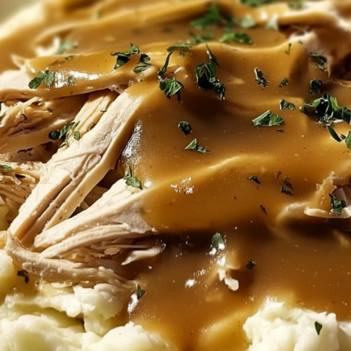Shredded Chicken Gravy Over Mashed Potatoes