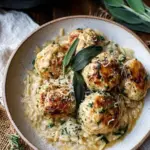 Baked Sage Chicken Meatballs with Parmesan Orzo