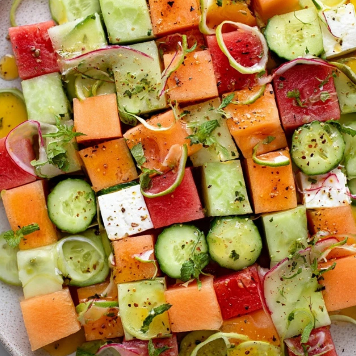 Melon Mosaic Salad with Hot Honey Vinaigrette