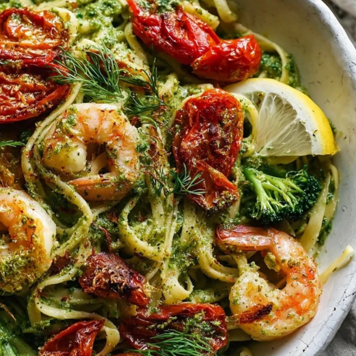 Shrimp Pasta with Dill Pesto and Garlic Roasted Tomatoes