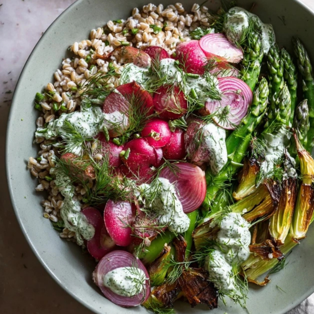Spring Farro Bowl with Herb Yogurt Sauce