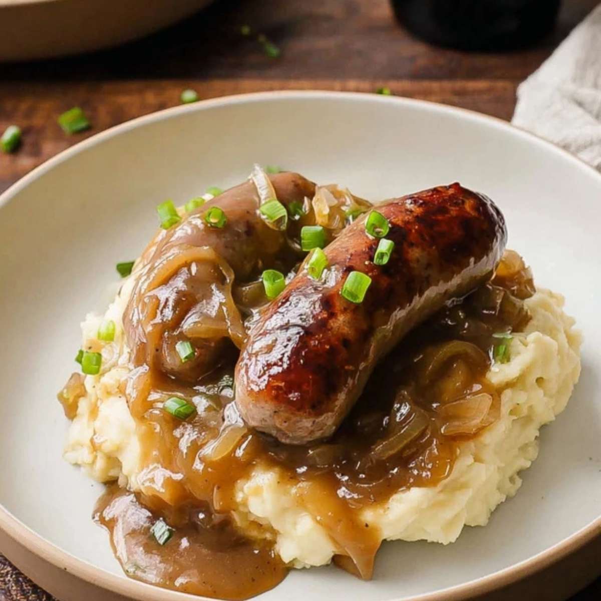Irish Bangers and Mash with Guinness Onion Gravy