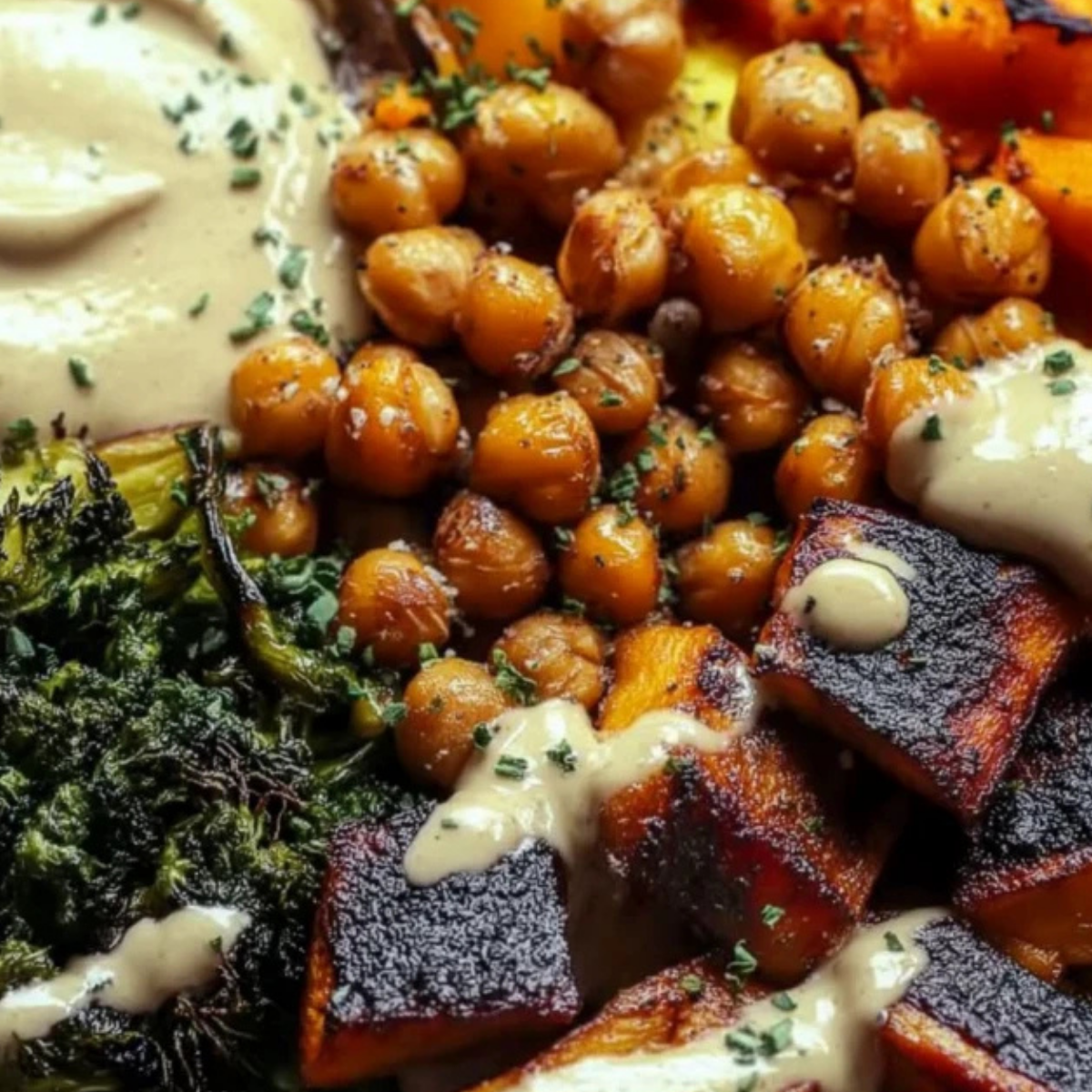 Roasted Vegetable and Chickpea Bowl with Maple Dijon Tahini