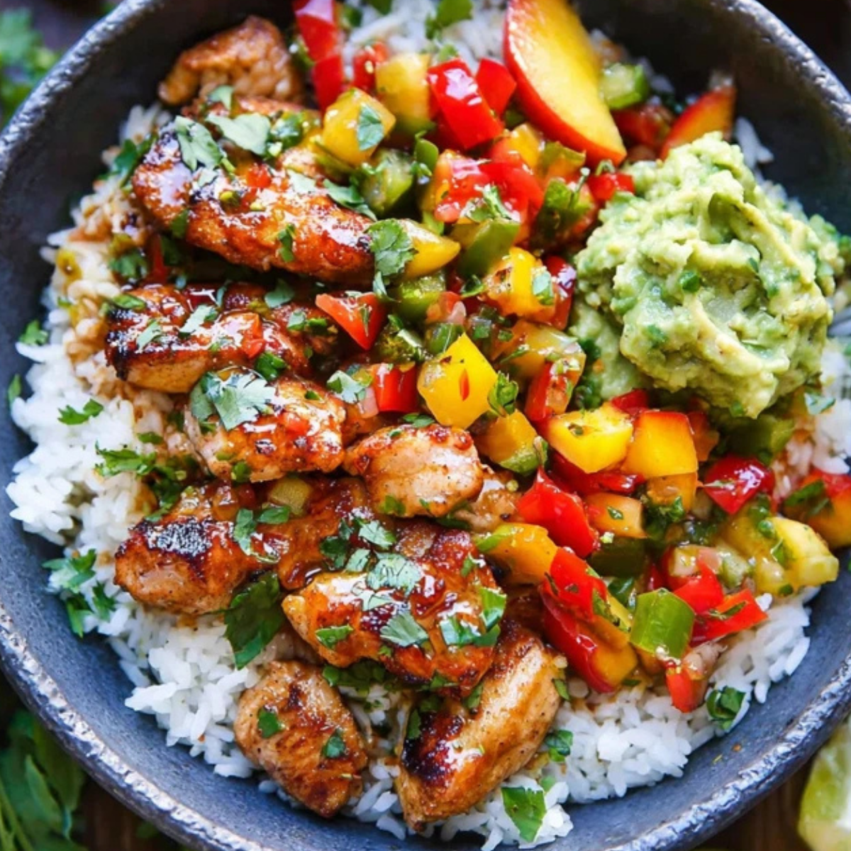 Cilantro Lime Chicken Bowls with Peach Salsa