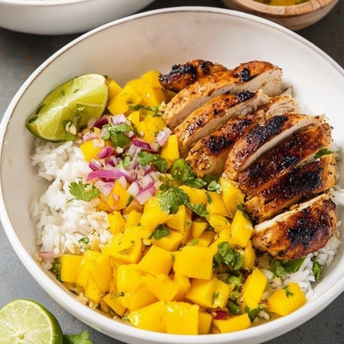 Jerk Chicken Bowls with Mango Salsa and Coconut Rice