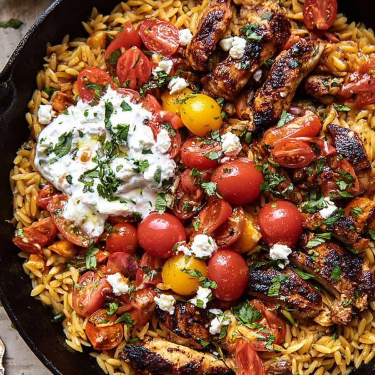 One Skillet Greek Chicken and Orzo