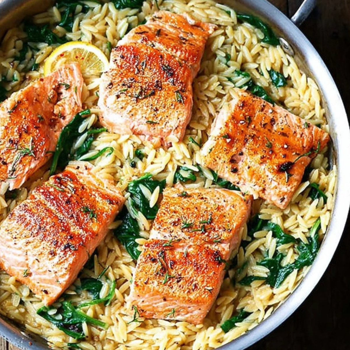 One Skillet Salmon with Lemon Orzo