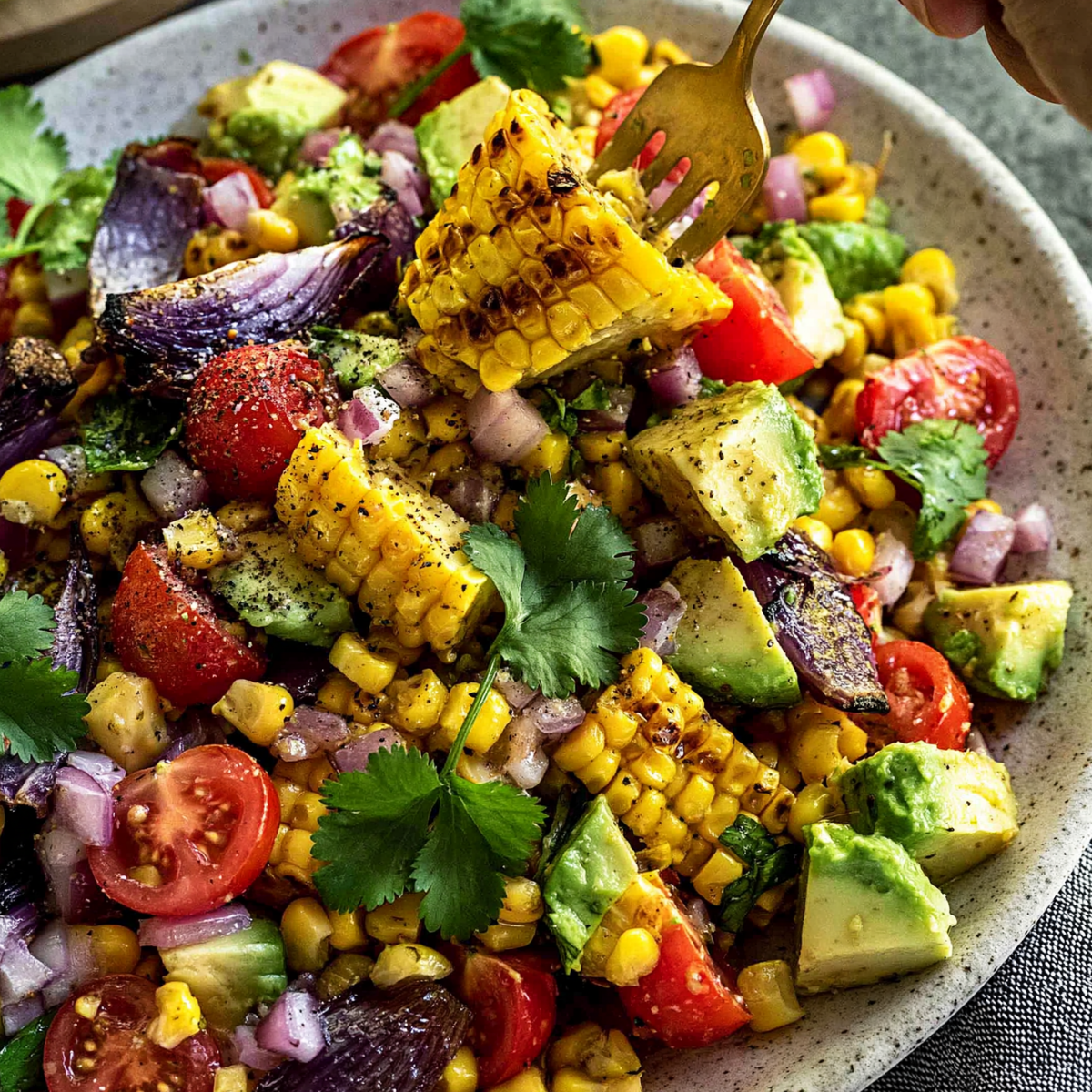 Charred Corn Avocado Salad with Roasted Red Onions