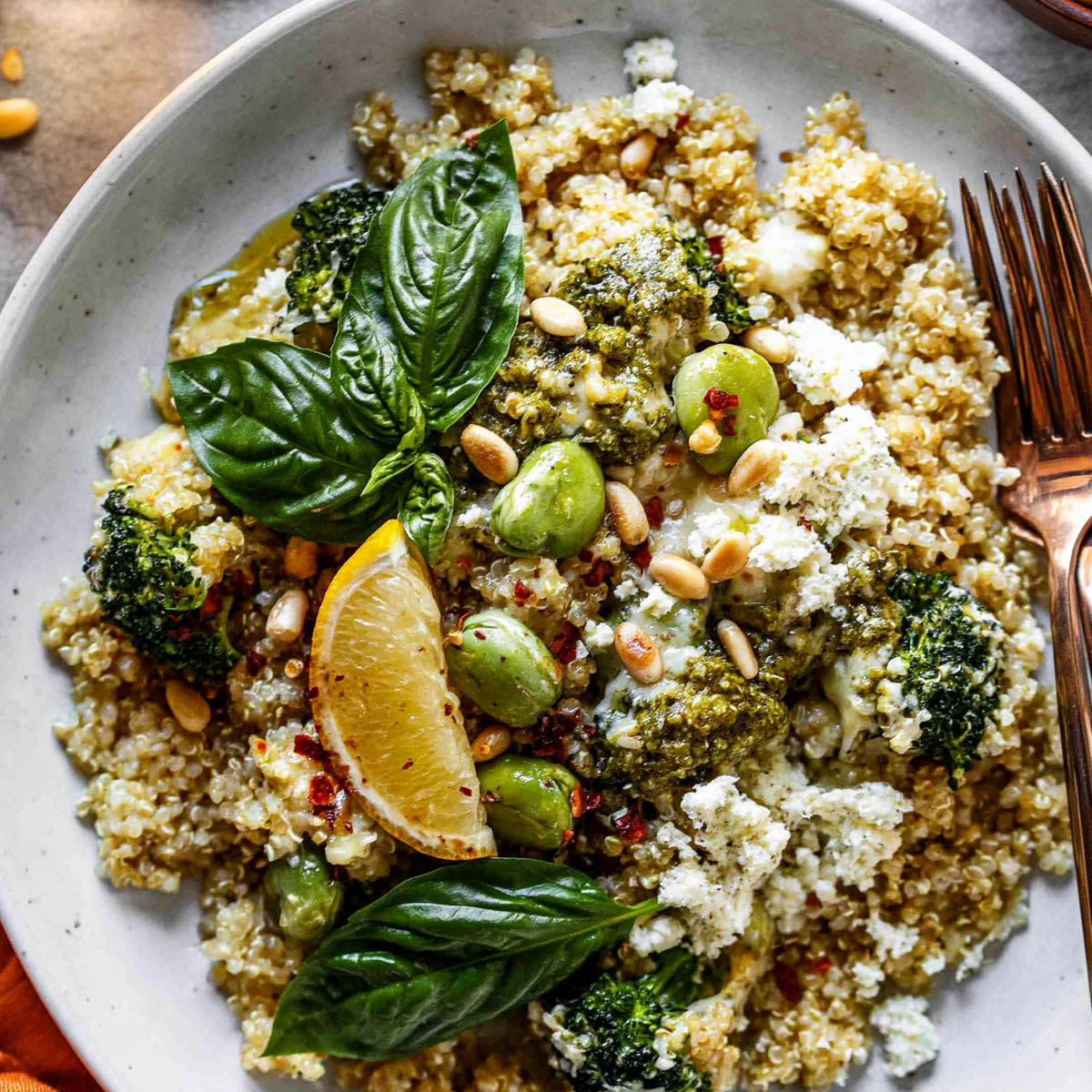 Cheesy Pesto Broccoli Quinoa Casserole
