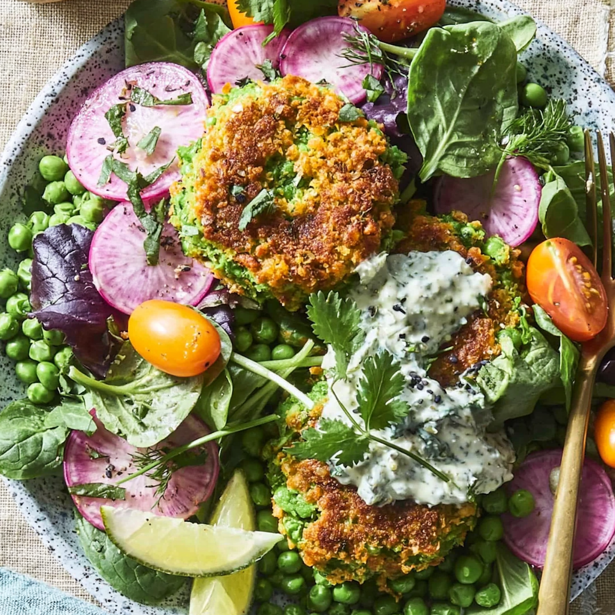 Crispy Pea Fritter Salad