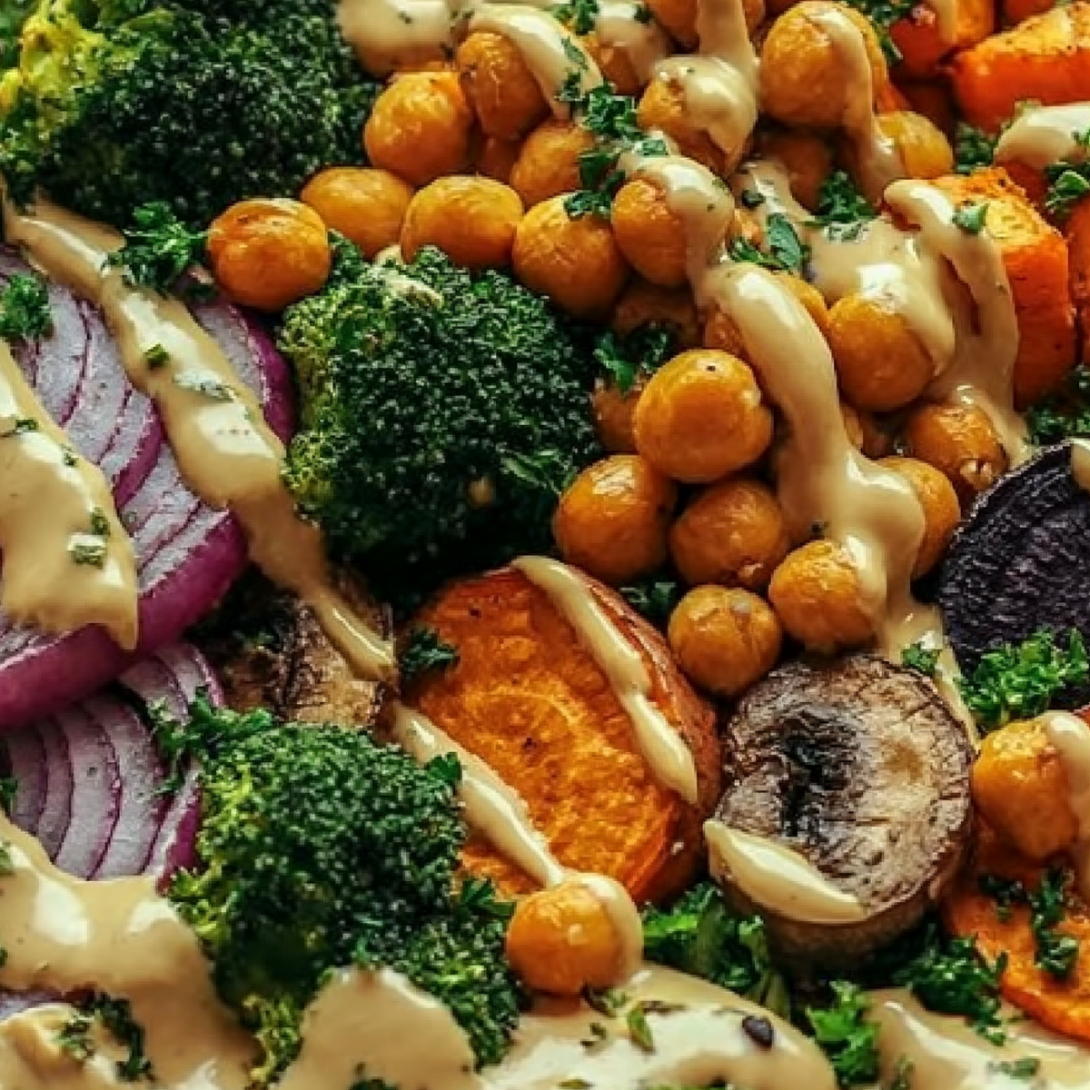 Roasted Veggie Chickpea Bowls with Maple Dijon Tahini Dressing