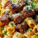 Cajun Steak Tips in Cheesy Rigatoni Parmesan Sauce