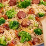 Cheesy Kielbasa Rice and Broccoli Skillet