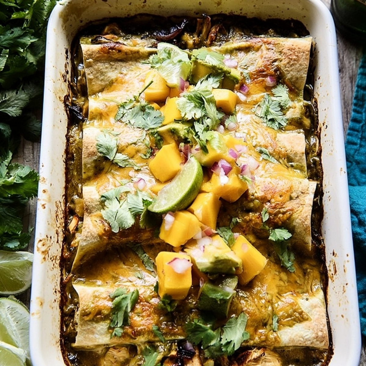 Salsa Verde Chicken and Zucchini Enchiladas with Mango