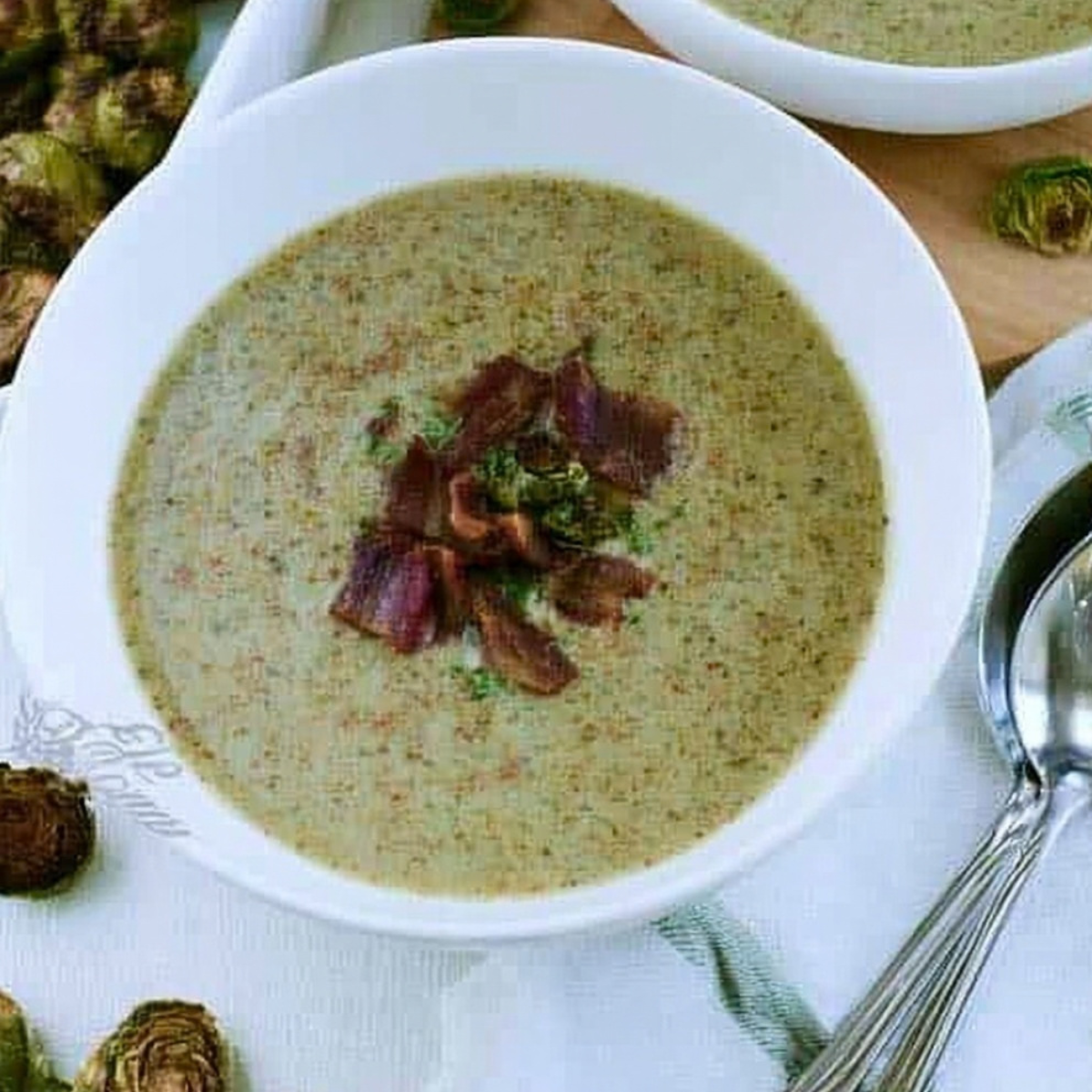 Roasted Brussels Sprout Soup with Bacon